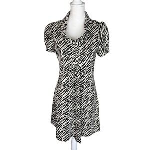 Calvin Klein Zebra Print Cowl Neck Puff Sleeve Sheath Dress Black White Size 10